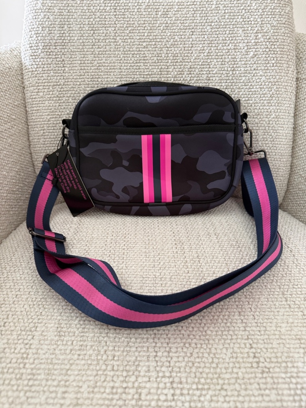HAUTE SHORE Black Camo Crossbody with Pink Stripe